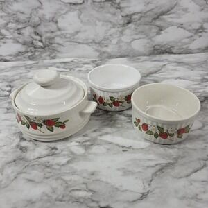 Sheffield strawberries n cream stoneware small vintage crock w/ lid & bowl read